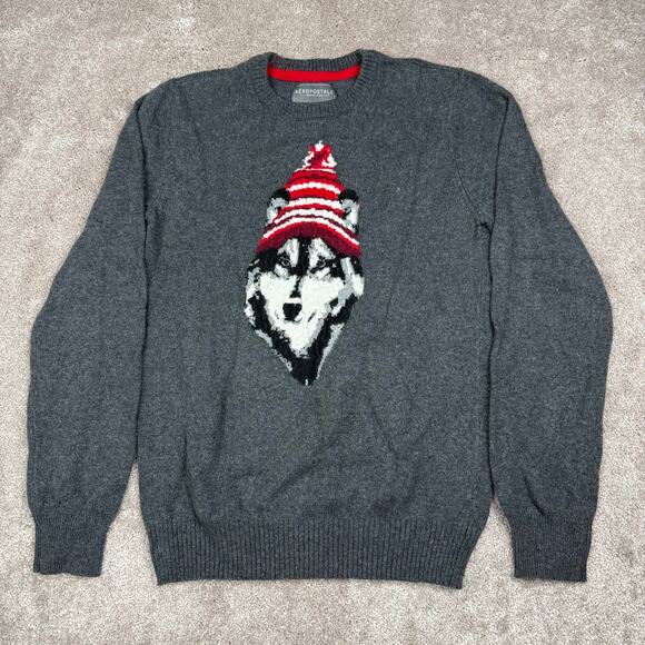 Aeropostale Gray Husky Dog Sweater Size S Winter Hat Knit Pullover Cozy Cute - Picture 1 of 4